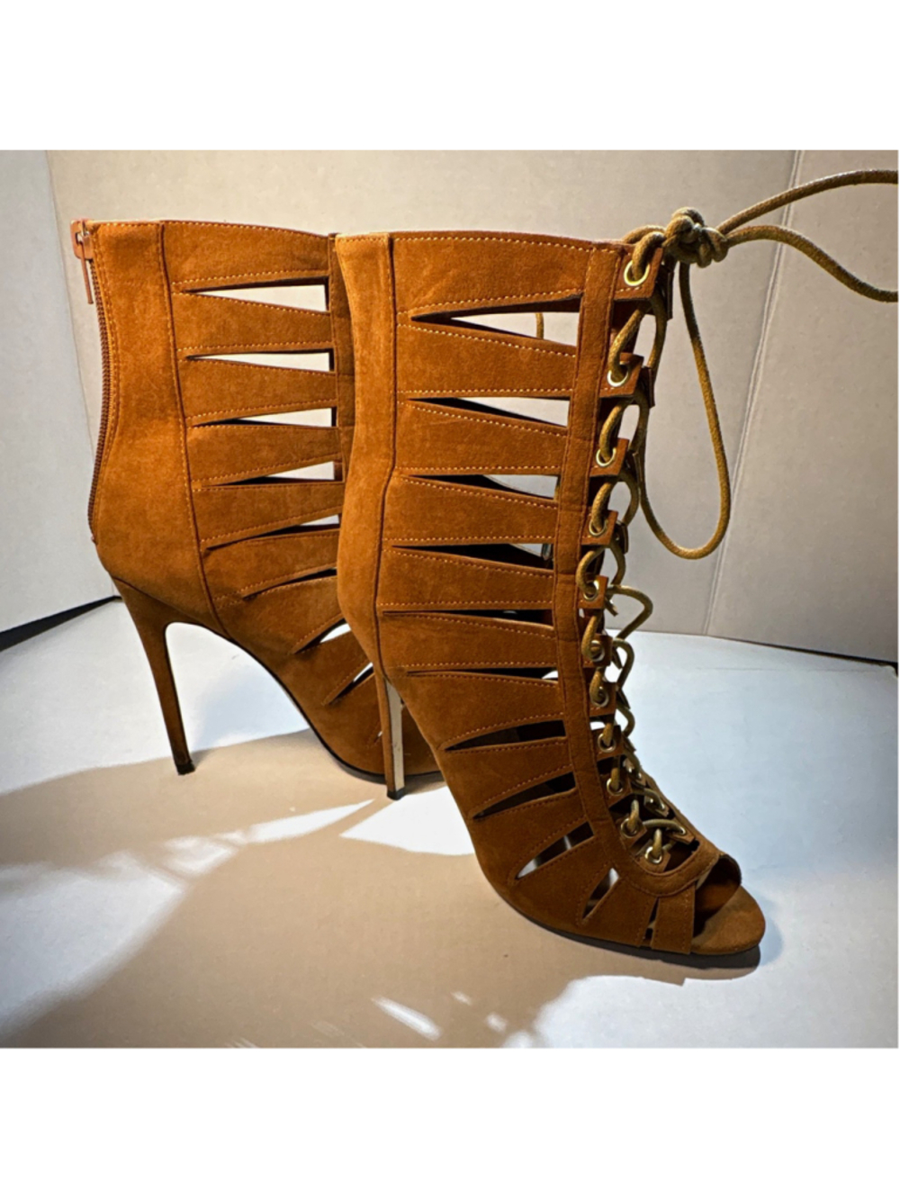 Women’s Brown Suede Ankle Bootie Lace-Up Cutout Open Toe Stiletto Size 8